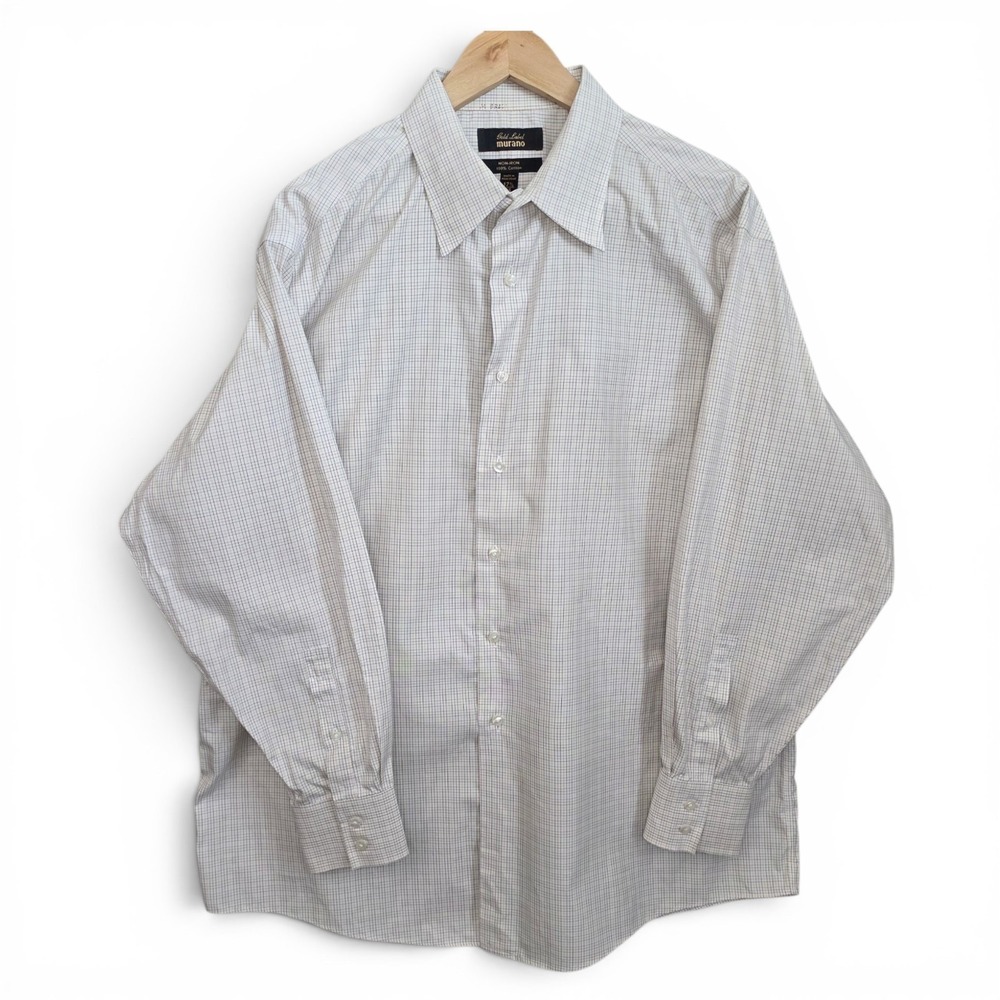 Murano Gold Label Dress Shirt Mens 17.5 34 Off White Yellow Button No‎ Iron